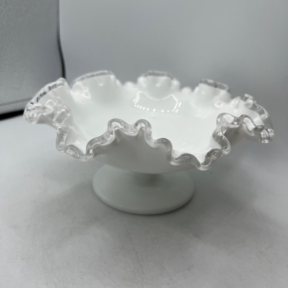 Fenton Silver Crested Standing Ruffled White  Glass Bowl
